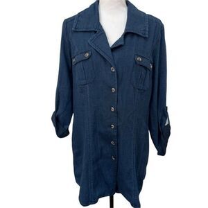 CAbi Dark Chambray Button Front Jacket Womens Size Small Roll Tab Sleeve Cotton